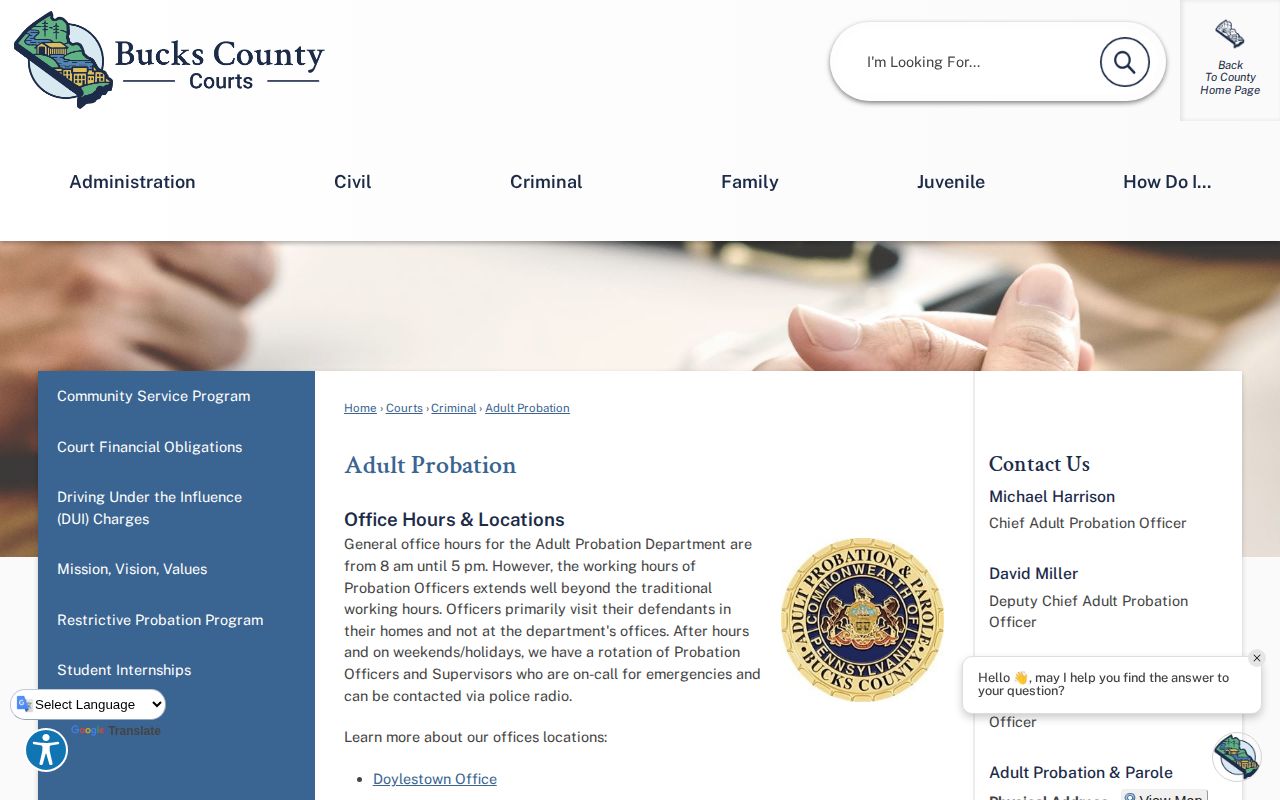 Bucks County parole and probation office information